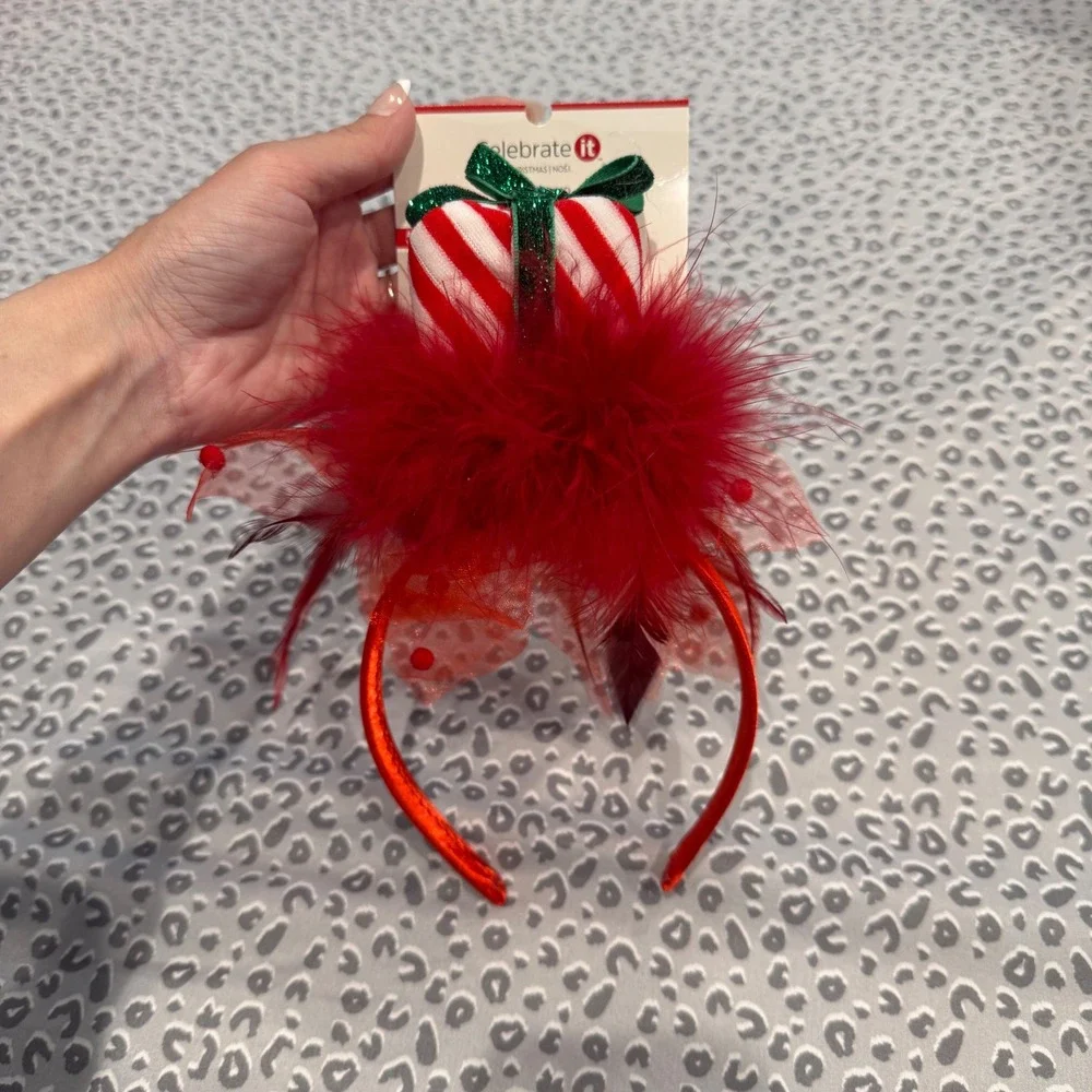 Celebrate‎ It Christmas Headband Red White Striped Present Feather Tulle Holiday
